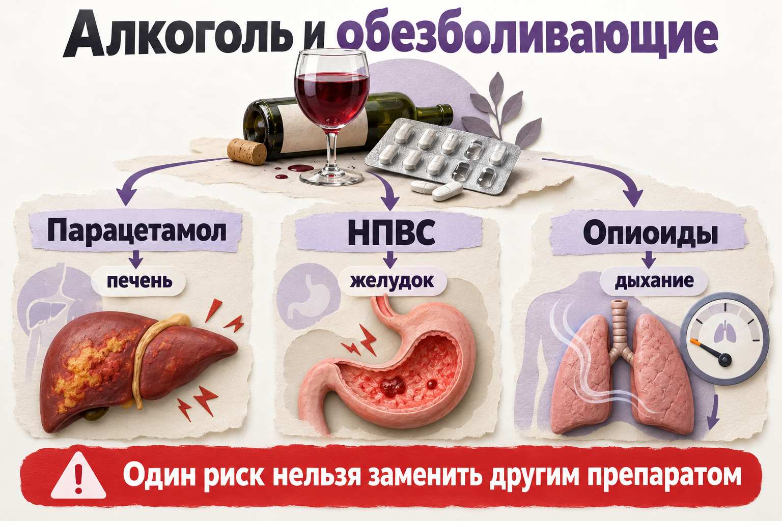 Риски сочетания алкоголя с парацетамолом, НПВС и опиоидными обезболивающими