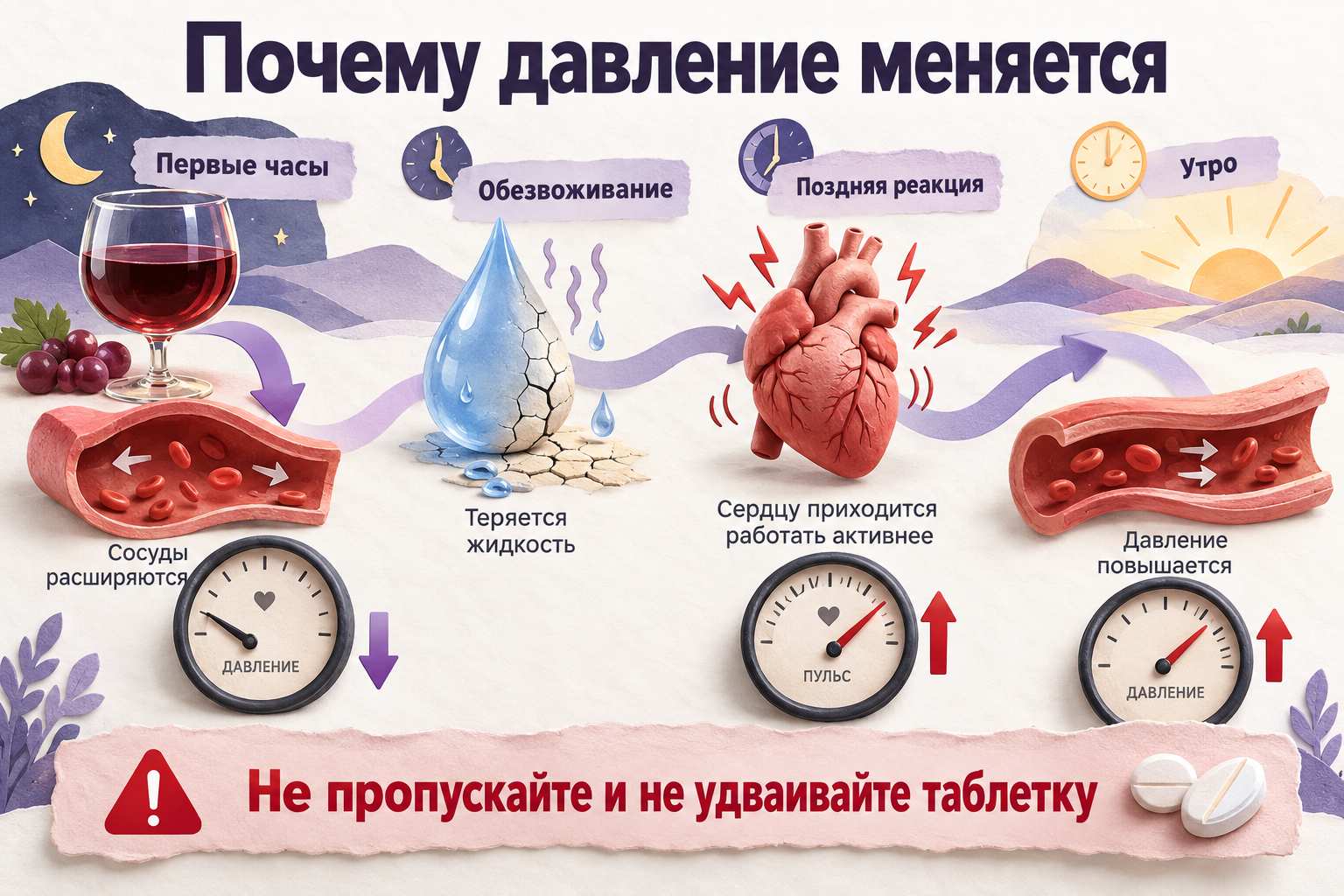 Почему после алкоголя давление сначала снижается, а затем может повыситься
